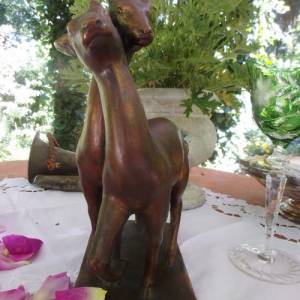Rehe Skulptur Figur Art Deco 1920 Kunst aus Italien Bambi Design signiert Keramik und Kupfer Antik Bild 2