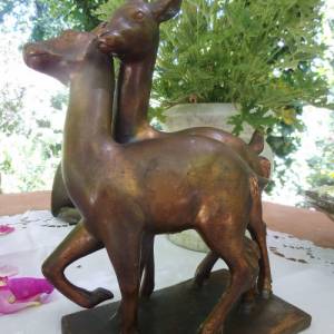 Rehe Skulptur Figur Art Deco 1920 Kunst aus Italien Bambi Design signiert Keramik und Kupfer Antik Bild 3