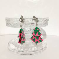 Ohrringe Ohrclips Weihnachtsbäumchen Pink Grün Edelstahl und Papier Bild 1