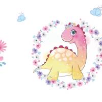ECO Kinderbordüre: Mädchen Dinos mit Blumen - rosa lila - nach Aquarellart -  20 cm Höhe Bild 6