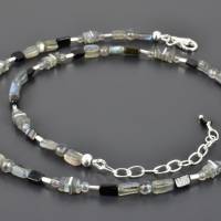 Edelsteinkette mit Labradorit Turmalin und 925er Silber zarte zierliche Halskette grau schwarz verlängerbares Collier Bild 3