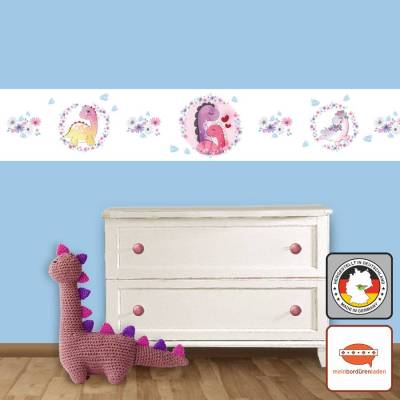 Kinderbordüre: Mädchen Dinos mit Blumen - rosa lila - nach Aquarellart - 20 cm Höhe