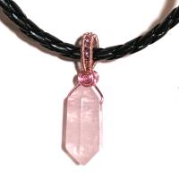Rosenquarz Anhänger Kristallspitze rosa am Kunstlederband in wirework handgemacht Halsband Bild 2