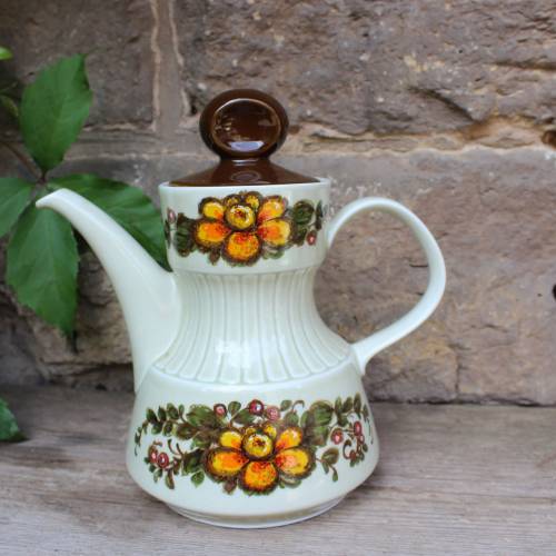 Kaffeekanne Teekanne 300/2 oranges Blumendekor Tirschenreuth Porzellan 70er Jahre West Germany