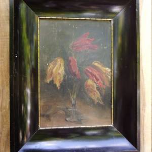 Antik Ölgemälde Ölbild Tulpen Schellackrahmen Gemälde Bild 1