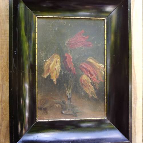 Antik Ölgemälde Ölbild Tulpen Schellackrahmen Gemälde