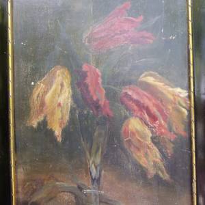 Antik Ölgemälde Ölbild Tulpen Schellackrahmen Gemälde Bild 3