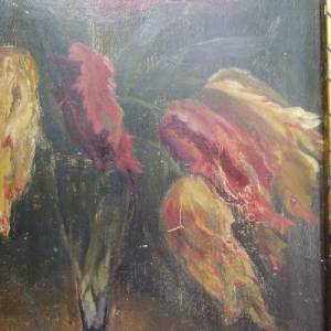 Antik Ölgemälde Ölbild Tulpen Schellackrahmen Gemälde Bild 4