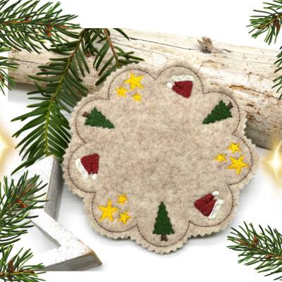 Stickdatei Mugrug Untersetzer Weihnachten Sterne Nikolausmütze Tannenbaum