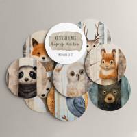 XL Sticker Flakes SET *Neugierige Waldtiere* • Runde Aquarell Tier Aufkleber für Kinder, Planer und Journaling Bild 2