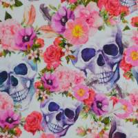 ♕ Skull mit Blumen Rosen Totenkopf Boho Hippie 50cm x 150 cm Nähen Stoff elastisch ♕ Bild 1