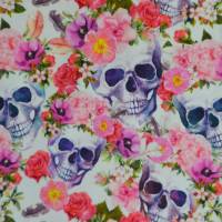 ♕ Skull mit Blumen Rosen Totenkopf Boho Hippie 50cm x 150 cm Nähen Stoff elastisch ♕ Bild 2