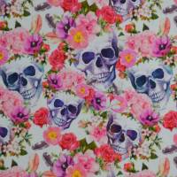 ♕ Skull mit Blumen Rosen Totenkopf Boho Hippie 50cm x 150 cm Nähen Stoff elastisch ♕ Bild 3