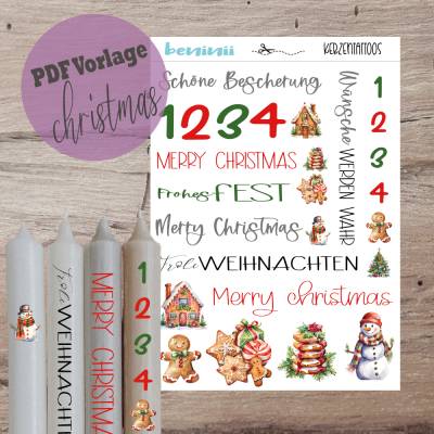 PDF A4 Vorlage "Weihnachten" Kerzentattoo Kerzensticker Kerzen Wasserschiebefolie Download Stabkerze