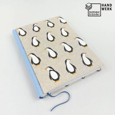 Notizbuch, Pinguine, DIN A5, 150 Blatt, blau natur, handgefertigt