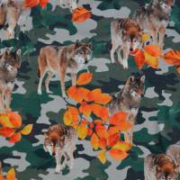 ♕ Jersey mit Wolf Wölfen auf Camouflage Laub Herbst 50 x 150 cm Nähen Stoff  ♕ Bild 1