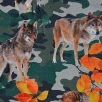♕ Jersey mit Wolf Wölfen auf Camouflage Laub Herbst 50 x 150 cm Nähen Stoff  ♕ Bild 2
