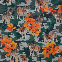 ♕ Jersey mit Wolf Wölfen auf Camouflage Laub Herbst 50 x 150 cm Nähen Stoff  ♕ Bild 3
