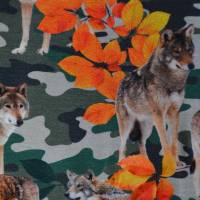 ♕ Jersey mit Wolf Wölfen auf Camouflage Laub Herbst 50 x 150 cm Nähen Stoff  ♕ Bild 5