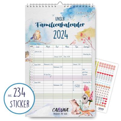Familienkalender 2024 – 12 bunt gestaltete Monate – 6 Spalten für die ganze Familie – inkl. 234 Sticker