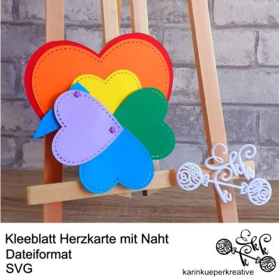 Plotterdatei Kleeblatt Herzkarte mit Naht