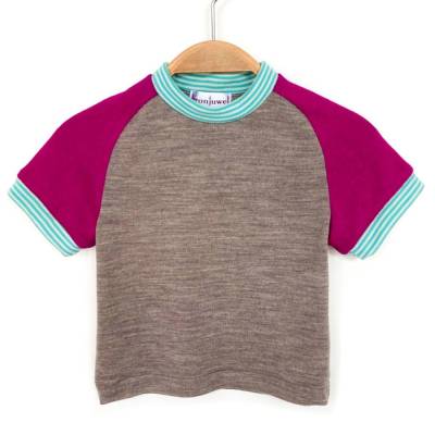 T-Shirt Merinowolle/Kaschmir Größe 86 braun pink türkis kurzärmliges Oberteil Upcycling Raglanshirt
