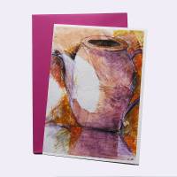 Postkarte, gedruckt, künstlerisch mit bunter "Teekanne" und Briefumschlag in Pink Bild 1