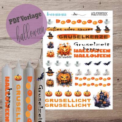 PDF A4 Vorlage "Halloween" Kerzentattoo Kerzensticker Kerzen Wasserschiebefolie Download Stabkerze