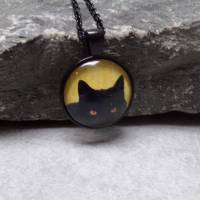 schwarze  Katze Cabochon Kette Gliederkette versilbert Bild 2