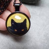 schwarze  Katze Cabochon Kette Gliederkette versilbert Bild 5
