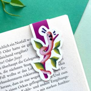 Bücherwurm Lesezeichen magnetisch, illustriertes Motiv „Wurm“ auf magnetischem Lesezeichen, buntes Papierlesezeichen mit Bild 1