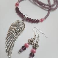 Glasperlen Schmuck handgemachtes Schmuckset aus Halskette und Ohrring - Perlenschmuck mit Engelsflügel in rosa / lila Bild 1