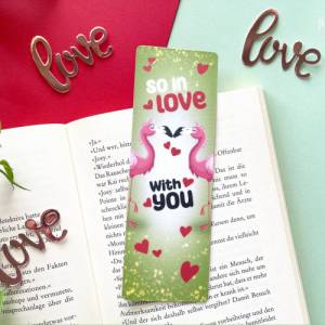 Flamingo Lesezeichen Love, laminiertes Lesezeichen aus Papier, handgemachtes Lesezeichen mit zwei verliebten Flamingos, Bild 1