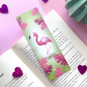 Flamingo Lesezeichen pink, laminiertes Lesezeichen aus Papier, handgemachtes Lesezeichen mit Blättern, Papierlesezeichen Bild 1