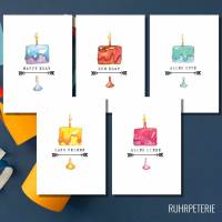 5 Geburtstagskarten zum Ausdrucken PDF | A6 Klappkarte | Geburtstagstorte Aquarell Zeichnung | Digital Printable Bild 1