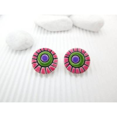 bunte Ohrstecker, weiße runde Ohrringe, Sterlingsilber, Polymer Clay, Ohrringe für jeden Tag, Minimalist