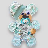 Geschenk zur Geburt | Windeltorte Bär für Jungs | handmade Mütze + Halstuch | Schnullerkette mit oder ohne Namen Bild 2