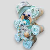 Geschenk zur Geburt | Windeltorte Bär für Jungs | handmade Mütze + Halstuch | Schnullerkette mit oder ohne Namen Bild 4