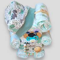 Geschenk zur Geburt | Windeltorte Bär für Jungs | handmade Mütze + Halstuch | Schnullerkette mit oder ohne Namen Bild 7