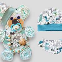 Geschenk zur Geburt | Windeltorte Bär für Jungs | handmade Mütze + Halstuch | Schnullerkette mit oder ohne Namen Bild 8