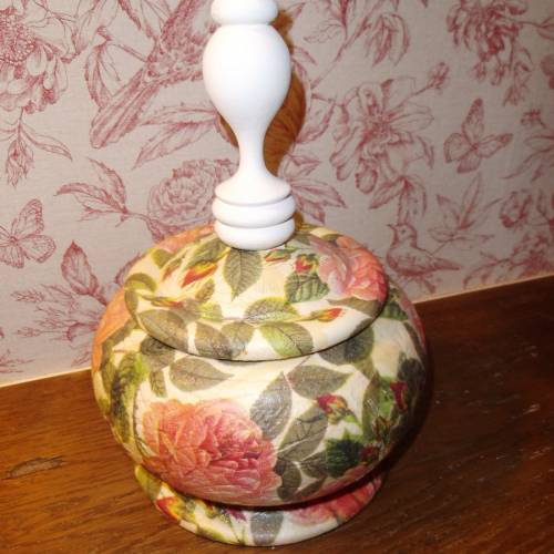 Holzschale Holzdose Duftschale Deckeldose Holz Potpourri Schale Vase Deckel Vintage Shabby Decoupage Rosen Cottage Landh