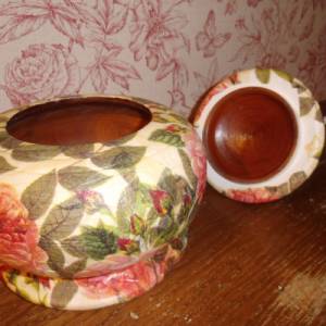 Holzschale Holzdose Duftschale Deckeldose Holz Potpourri Schale Vase Deckel Vintage Shabby Decoupage Rosen Cottage Landh Bild 4