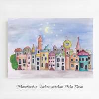 Stadt - Bunte Häuser, Poster Print Wanddeko Kinderzimmer Wandbild im naiven Stil Aquarell handgemalt kaufen Bild 1