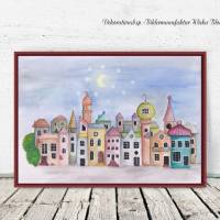 Stadt - Bunte Häuser, Poster Print Wanddeko Kinderzimmer Wandbild im naiven Stil Aquarell handgemalt kaufen Bild 2