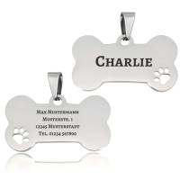 Tiermarke personalisiert im Knochen-Design mit Pfote – Edelstahl Dog Tag ID-Marke mit Gravur für Hund und Katze Bild 1