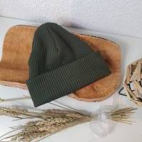 Wintermütze Erwachsener olivgrün - Hipsterbeanie Kinder grün - Mütze aus Ripjersey grob Bild 1