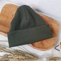 Wintermütze Erwachsener olivgrün - Hipsterbeanie Kinder grün - Mütze aus Ripjersey grob Bild 4