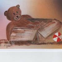 Grußkarte, Kinderpost, KIndergeburtstag-   Teddy im Karton -  handgemalt