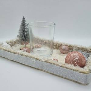 Tischdekoration für Weihnachten und Advent mit 1 Teelichtglas in Rosa und Silber Bild 1