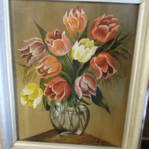 Ölgemälde Ölbild handgemalt Tulpen Vase Blumenstrauß Rahmen Holzrahmen oil painting handpainted Vintage Landhaus Cottage Bild 1